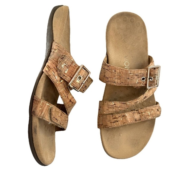 Vionic Skylar Brown Cork Print Adjustable Buckle Slide Slip On Sandals - Picture 1 of 7